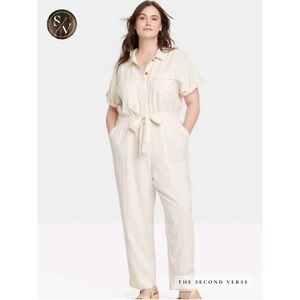 Universal Thread Womens Utility Wide Leg Jumpsuit Cream Linen Blend Size 14